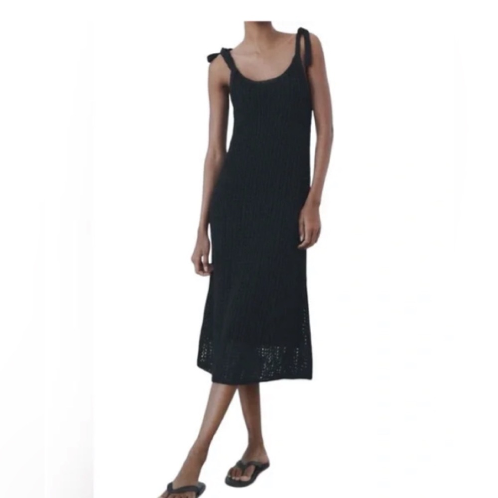 Zara Black A-Chunky Knit Crochet Tie Strap Midi Dress Lining.  NWT.  Small